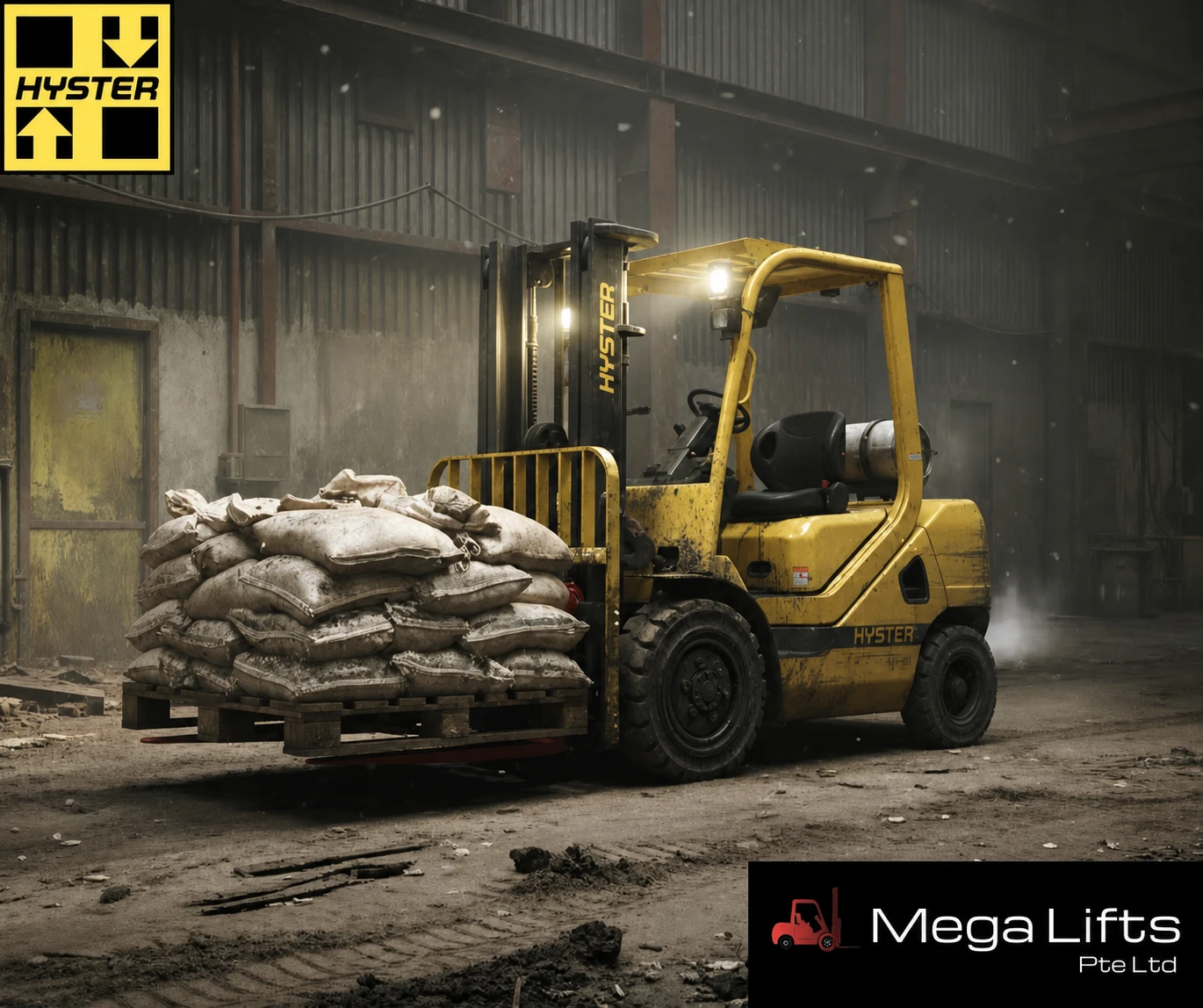 Forklift working with a loaded pallet