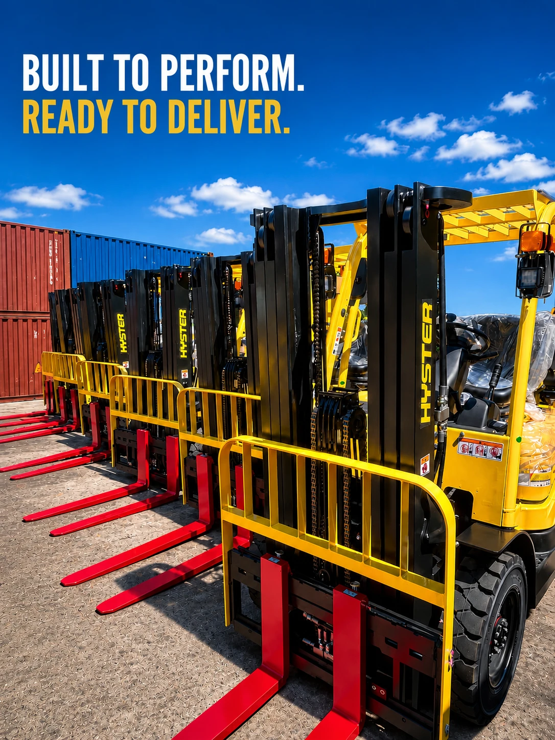 A line of yellow forklifts